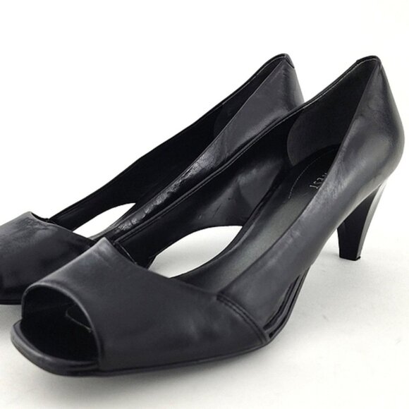 Nine West Black Leather Square Open Toe Side Cutout Patent Heel Shoes Size 7M - Picture 3 of 15